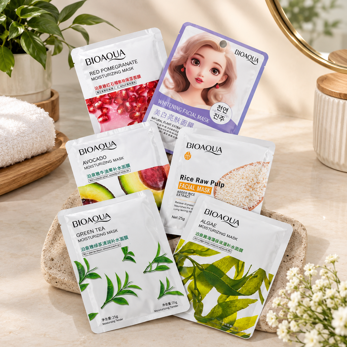 BIOAQUA Face Sheet Mask Collection – 6-Piece Hydrating Facial Mask Set